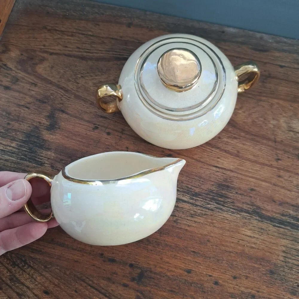 Vintage 60's 2pc Set Chic Pottery Ohio Sugar Creamer Bowl Dish Lusterware Gold